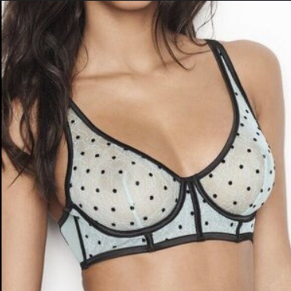 Victoria’s Secret Black Sheer Lace Polka Dot Unlined Plunge Bra Size 34C - Picture 1 of 11